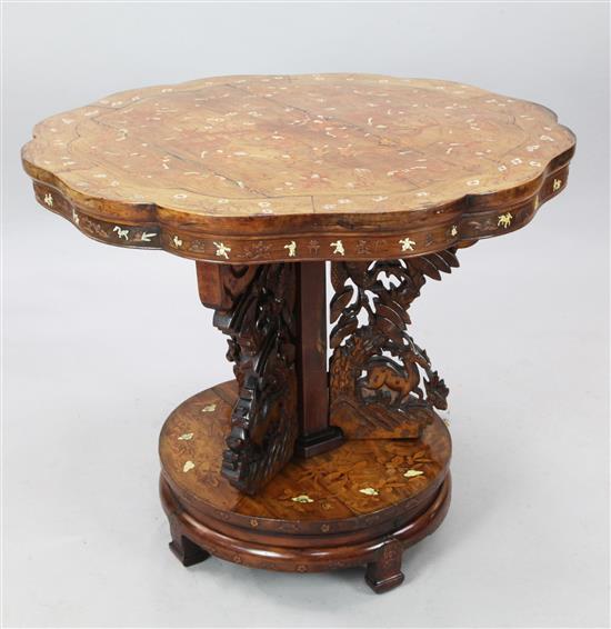 A Chinese ivory inlaid pen-work hardwood centre table, late 19th century, width 90cm, splits